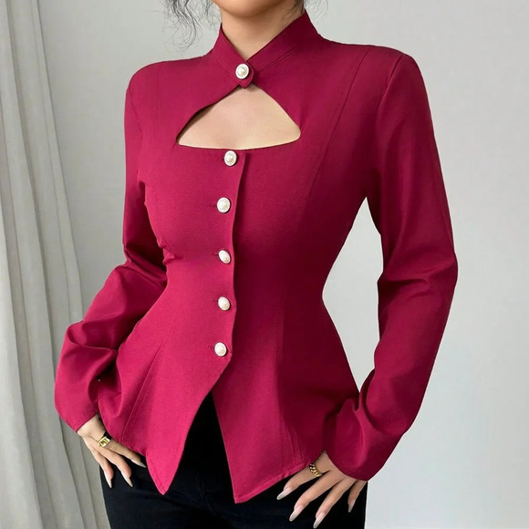 Burgundy Elegant Women's Chic Hollow Out Front Stand Collar Asymmetrical Blouse - Picture 5 of 6